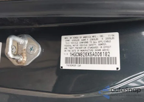 2005 Honda Accord 3.0 Ex из США, поврежденный, VIN 1HGCM826X5A006182